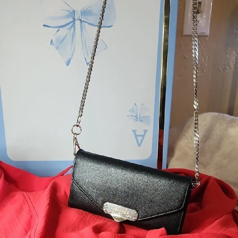 Versace Collection Black Envelope Clutch with Chain